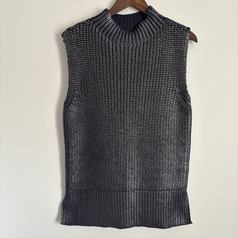 Anthropologie Pilcro Women Oversized Foil Tunic Sweater Vest Size M Navy Silver